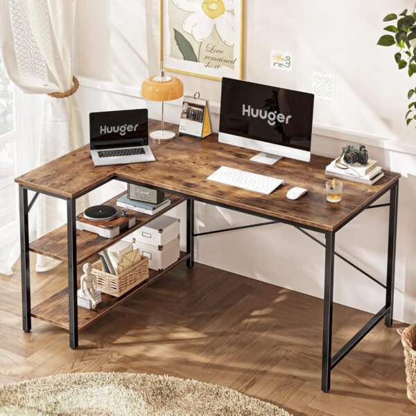 Huuger 47 Inches L Shaped Desk, Computer Desk with Reversible Storage Shelves, Gaming Desk, Corner Desk Home Office Desks, Writing Desk Study Desk with Metal Frame, Rustic Brown
