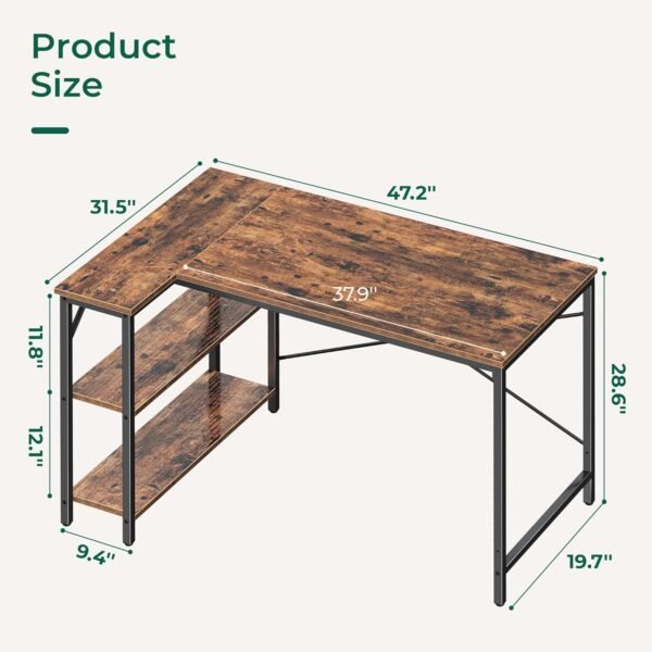 Huuger 47 Inches L Shaped Desk, Computer Desk with Reversible Storage Shelves, Gaming Desk, Corner Desk Home Office Desks, Writing Desk Study Desk with Metal Frame, Rustic Brown