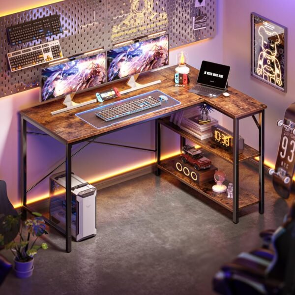Huuger 47 Inches L Shaped Desk, Computer Desk with Reversible Storage Shelves, Gaming Desk, Corner Desk Home Office Desks, Writing Desk Study Desk with Metal Frame, Rustic Brown