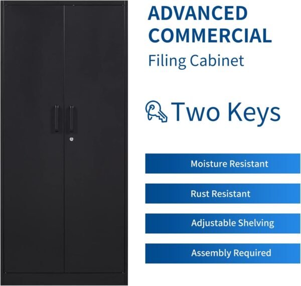 Metal Storage Cabinet-71” Tall Steel File Cabinets with Lockable Doors and Adjustable Shelves-Black Steel Storage Cabinet for Home, School, Office, Garage