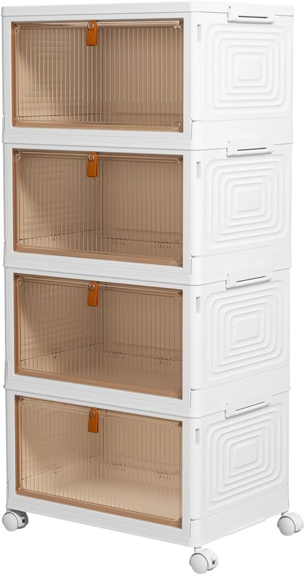 4 Tier Plastic Storage Bins with Lid 23QT, Stackable Storage Containers with Wheels, Folding Storage Boxes, Stackable Storage Bins, Closet Organizers and Storage for Living Room,Office,Dorm