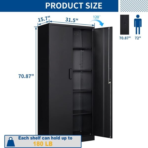 Metal Storage Cabinet-71” Tall Steel File Cabinets with Lockable Doors and Adjustable Shelves-Black Steel Storage Cabinet for Home, School, Office, Garage
