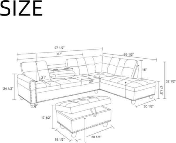 L Shaped Sectional Couches, Modular Sectional Sofa with Ottoman Storage, Nail-Head Design Lounge Sofa with Reversible Cup Holder for Living Room, Bedroom, Gray