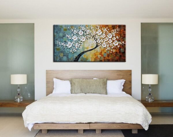 YaSheng Art-Handmade White Flower Contemporary Art Oil Painting On Canvas 3D Texture Abstract Tree Paintings Modern Home Bedroom, Dining Room, Wall Art Decor Ready to Hang20x40inch