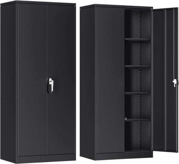 INTERGREAT Storage Cabinet with Doors and Shelves, Metal Garage Storage Cabinets with Lock, Black Lockable Steel Supply Cabinet for Home Office, Warehouse