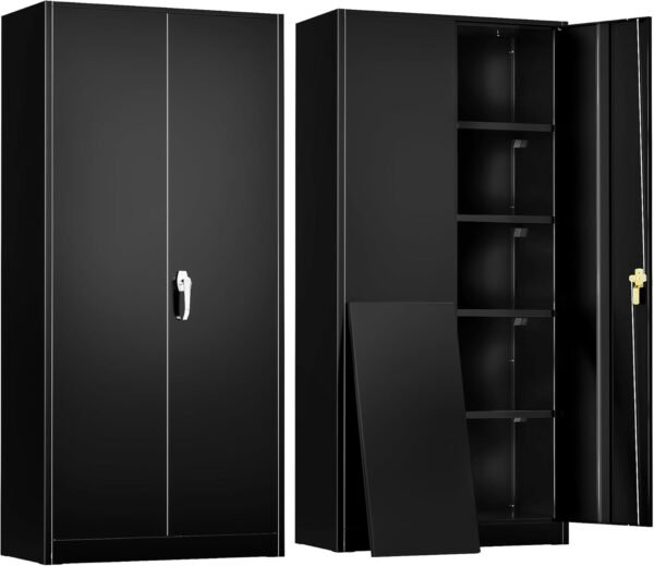 Greenvelly Storage Cabinet, 72” Black Garage Steel Locking Cabinet with Doors and 4 Adjustable Shelves, Tall Lockable File &Tool Cabinet for Home Office, Metal Classroom Cabinet Basement