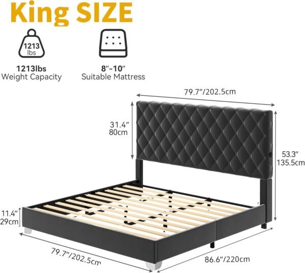 DWVO King Size Bed Frame with 2 Charging Station & 53" Tall, Velvet Upholstered Platform Bed with Button Tufted Headboard,No Box Spring Needed,No Noise (Dark Black, King)
