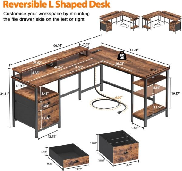Furologee 66” L Shaped Desk with Power Outlet, Reversible Computer Gaming Desk with File Drawer & 2 Monitor Stands for Home Office with Storage Shelves, Rustic Brown