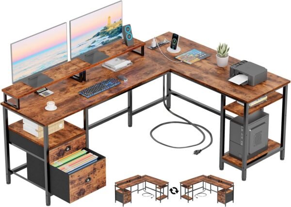 Furologee 66” L Shaped Desk with Power Outlet, Reversible Computer Gaming Desk with File Drawer & 2 Monitor Stands for Home Office with Storage Shelves, Rustic Brown