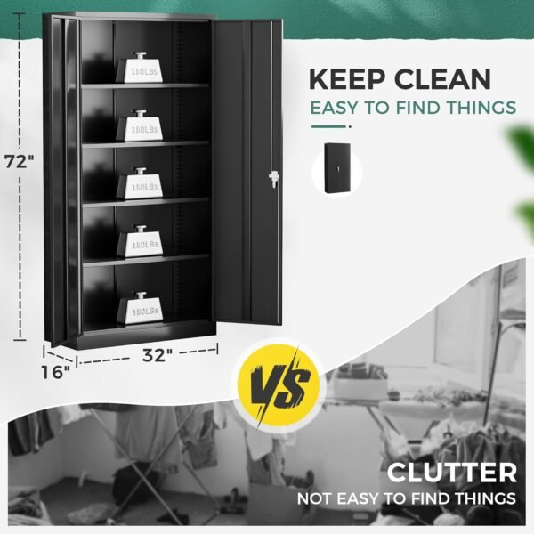Greenvelly Storage Cabinet, 72” Black Garage Steel Locking Cabinet with Doors and 4 Adjustable Shelves, Tall Lockable File &Tool Cabinet for Home Office, Metal Classroom Cabinet Basement