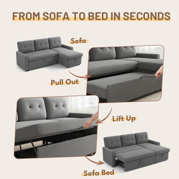 IULULU Sleeper Sofa, L Shaped Sectional Couch with Pullout Bed, Reversible Storage Chaise, 2 in 1 Pull Out Couches for Living Room, Apartment, Medium Grey