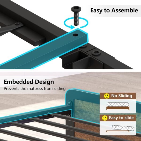 King Size Bed Frame and Storage Headboard, LED Bed Frame with USB Charging Station, Metal Platform Bed Frame King with Hidden Storage Space, No Box Spring Needed, Vintage Brown