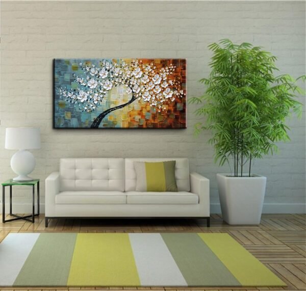 YaSheng Art-Handmade White Flower Contemporary Art Oil Painting On Canvas 3D Texture Abstract Tree Paintings Modern Home Bedroom, Dining Room, Wall Art Decor Ready to Hang20x40inch