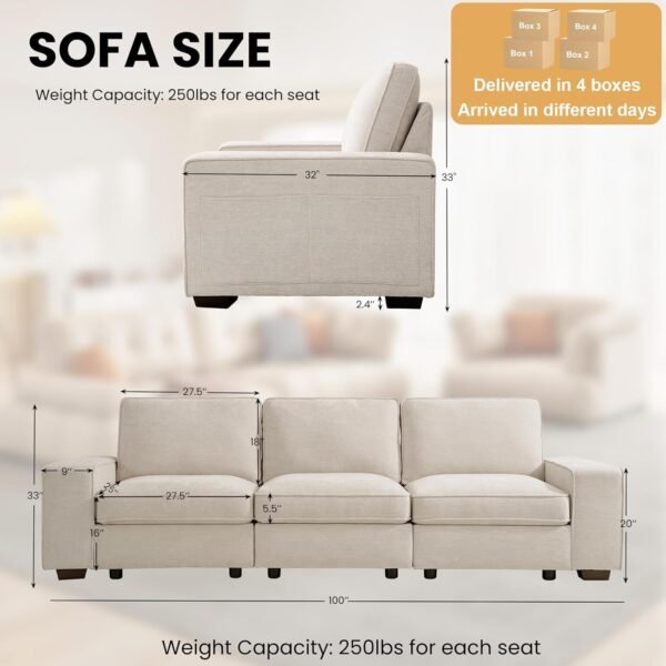 TEKAMON 100" Modular Sofa Couch with Seats Storage, Comfy 3-Seater Chenille Fabric Couch for Living Room, Office, Apart W/Deep Seat, Wide Arms, Side Pockets, USB, Upholstered Couch W/Removable Cover