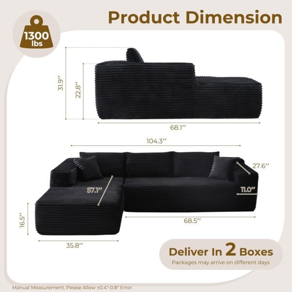 104" L-Shape Modular Sectional Sofa Couch - Comfy Upholstered Cloud Couch for Living Room - Modern Minimalist Couch,Deep Seat,No Assembly Required (Black,Plush Corduroy, Left Facing Chaise)