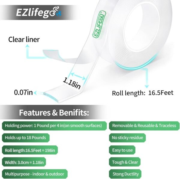 Double Sided Tape Heavy Duty(Extra Large 16.5FT), Nano Adhesive Mounting Tape Wall Decor,Sticky Picture Hanging Adhesive Strips Poster Tape