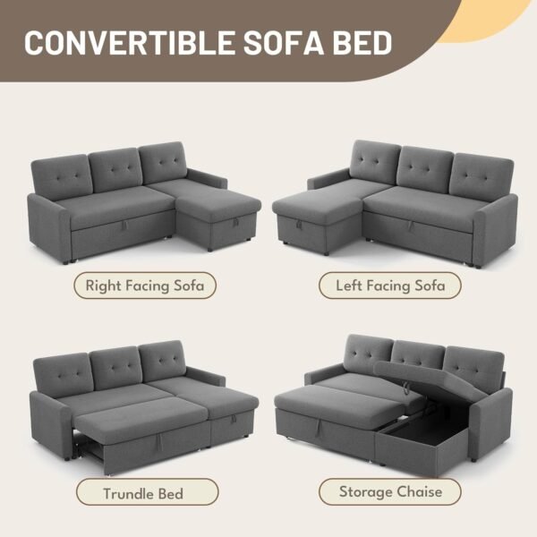 IULULU Sleeper Sofa, L Shaped Sectional Couch with Pullout Bed, Reversible Storage Chaise, 2 in 1 Pull Out Couches for Living Room, Apartment, Medium Grey