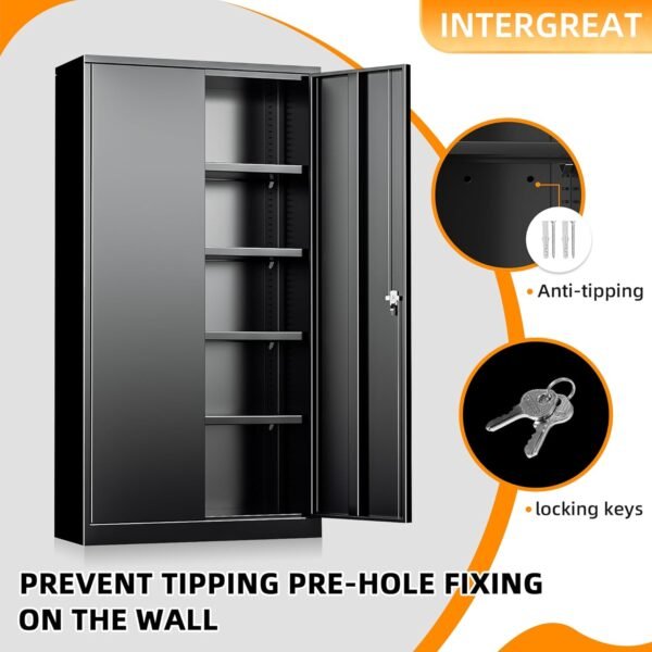 INTERGREAT Storage Cabinet with Doors and Shelves, Metal Garage Storage Cabinets with Lock, Black Lockable Steel Supply Cabinet for Home Office, Warehouse
