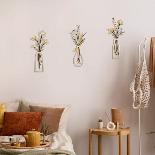 Pigort 3 Pieces Metal Flowers Wall Arts - Rustic Farmhouse Decor Beige Minimalist Flower Wall Decors for Living room Bathroom Bedroom Dining Room-Housewarming Gifts (Beige Gold, Vase-C)