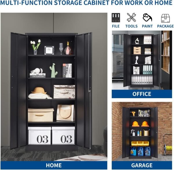 Metal Storage Cabinet-71” Tall Steel File Cabinets with Lockable Doors and Adjustable Shelves-Black Steel Storage Cabinet for Home, School, Office, Garage