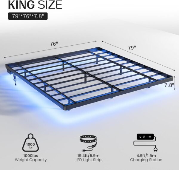 OLEVS King Size Floating Bed Frame, Metal Platform, with LED Light and Charging Station, No Box Spring Needed, Noise-Free, Easy Assembly