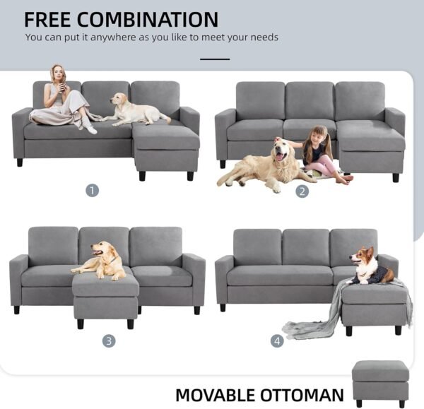 Convertible Sectional Sofa Couch,3 Seat L Shaped Couches with Storage Function Ottoman,Modern Linen Convertible Sectionals Sofas with Armrest Reversible Chaise for Living Room Small Space(Light Gray)