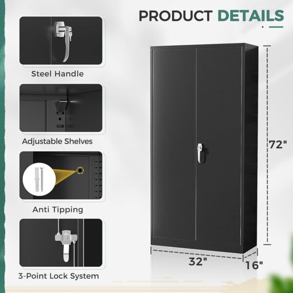 Greenvelly Storage Cabinet, 72” Black Garage Steel Locking Cabinet with Doors and 4 Adjustable Shelves, Tall Lockable File &Tool Cabinet for Home Office, Metal Classroom Cabinet Basement