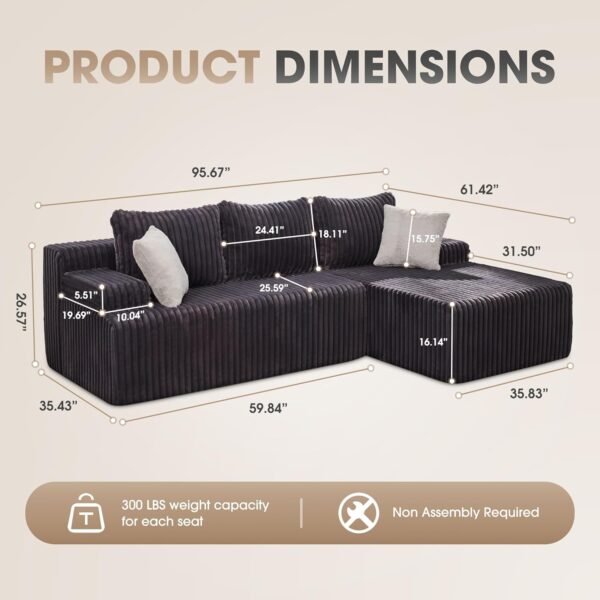 Modular Sectional Sofa Couches L-Shape Couch 3 Seat Modular Sofa Memory Foam Sectional Couches for Living Room, Cloud Couch with Oversized Chaise (Grey, Stripe (Right Facing Chaise))