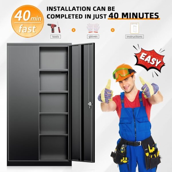 INTERGREAT Storage Cabinet with Doors and Shelves, Metal Garage Storage Cabinets with Lock, Black Lockable Steel Supply Cabinet for Home Office, Warehouse