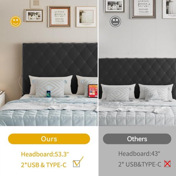 DWVO King Size Bed Frame with 2 Charging Station & 53" Tall, Velvet Upholstered Platform Bed with Button Tufted Headboard,No Box Spring Needed,No Noise (Dark Black, King)