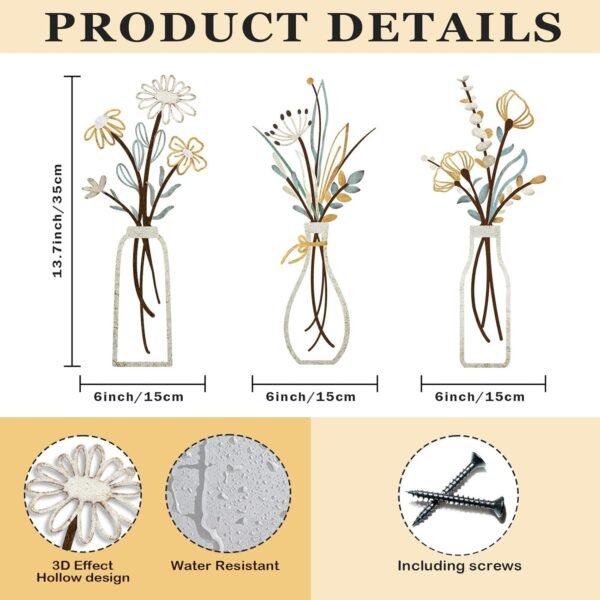Pigort 3 Pieces Metal Flowers Wall Arts - Rustic Farmhouse Decor Beige Minimalist Flower Wall Decors for Living room Bathroom Bedroom Dining Room-Housewarming Gifts (Beige Gold, Vase-C)