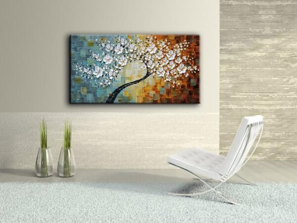 YaSheng Art-Handmade White Flower Contemporary Art Oil Painting On Canvas 3D Texture Abstract Tree Paintings Modern Home Bedroom, Dining Room, Wall Art Decor Ready to Hang20x40inch