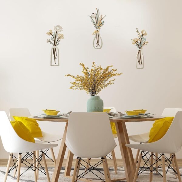 Pigort 3 Pieces Metal Flowers Wall Arts - Rustic Farmhouse Decor Beige Minimalist Flower Wall Decors for Living room Bathroom Bedroom Dining Room-Housewarming Gifts (Beige Gold, Vase-C)