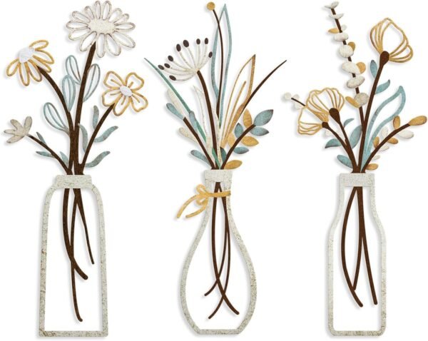 Pigort 3 Pieces Metal Flowers Wall Arts - Rustic Farmhouse Decor Beige Minimalist Flower Wall Decors for Living room Bathroom Bedroom Dining Room-Housewarming Gifts (Beige Gold, Vase-C)