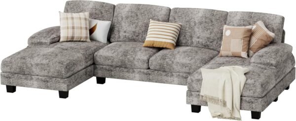JUMMICO Sectional Couches for Living Room, U Shaped Couch with Chenille Fabric, 4 Seat Modern Sofa with Removable Pillows for Apartment and Small Space (Fabric, Grey)