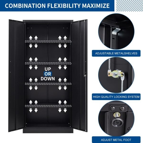 Metal Storage Cabinet-71” Tall Steel File Cabinets with Lockable Doors and Adjustable Shelves-Black Steel Storage Cabinet for Home, School, Office, Garage