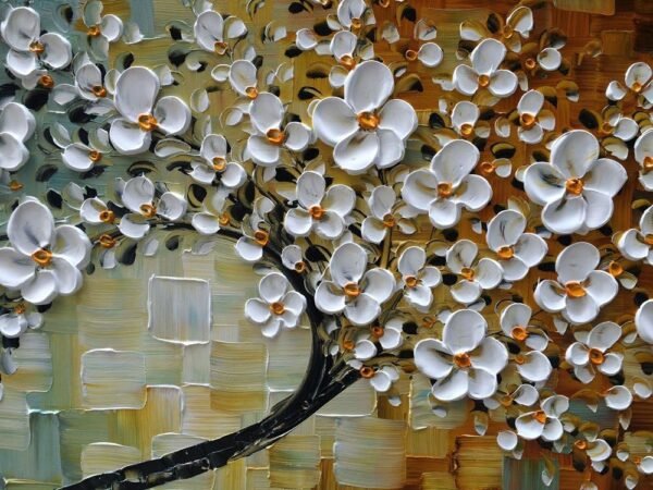 YaSheng Art-Handmade White Flower Contemporary Art Oil Painting On Canvas 3D Texture Abstract Tree Paintings Modern Home Bedroom, Dining Room, Wall Art Decor Ready to Hang20x40inch