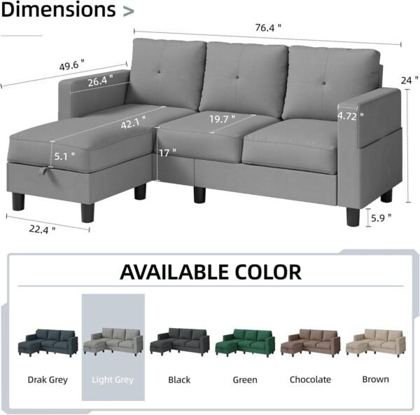 Convertible Sectional Sofa Couch,3 Seat L Shaped Couches with Storage Function Ottoman,Modern Linen Convertible Sectionals Sofas with Armrest Reversible Chaise for Living Room Small Space(Light Gray)
