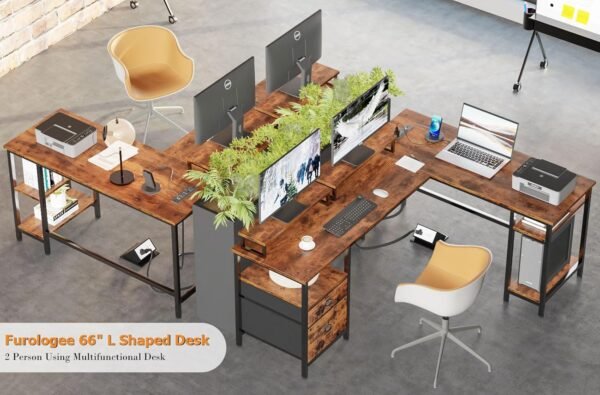 Furologee 66” L Shaped Desk with Power Outlet, Reversible Computer Gaming Desk with File Drawer & 2 Monitor Stands for Home Office with Storage Shelves, Rustic Brown