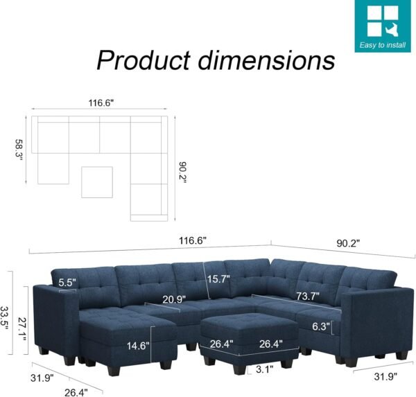 Belffin Modular Sectional Sofa Set with Storage Ottomans Oversized U Shaped Couch with Chaises Fabric Blue