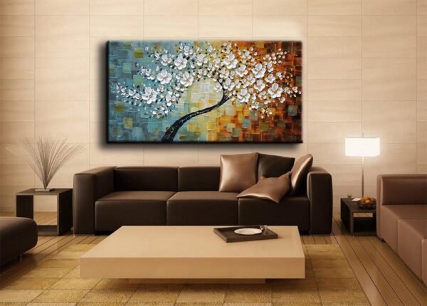 YaSheng Art-Handmade White Flower Contemporary Art Oil Painting On Canvas 3D Texture Abstract Tree Paintings Modern Home Bedroom, Dining Room, Wall Art Decor Ready to Hang20x40inch