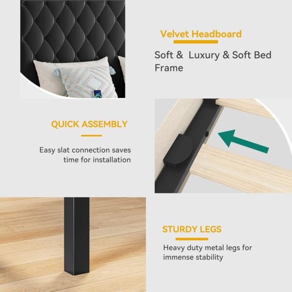 DWVO King Size Bed Frame with 2 Charging Station & 53" Tall, Velvet Upholstered Platform Bed with Button Tufted Headboard,No Box Spring Needed,No Noise (Dark Black, King)