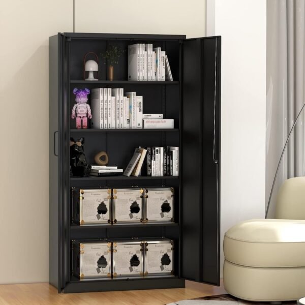 Metal Storage Cabinet-71” Tall Steel File Cabinets with Lockable Doors and Adjustable Shelves-Black Steel Storage Cabinet for Home, School, Office, Garage