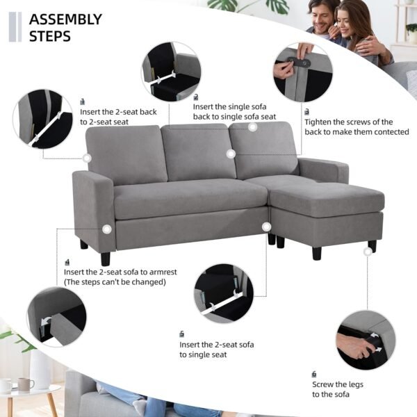Convertible Sectional Sofa Couch,3 Seat L Shaped Couches with Storage Function Ottoman,Modern Linen Convertible Sectionals Sofas with Armrest Reversible Chaise for Living Room Small Space(Light Gray)