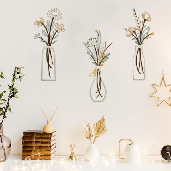 Pigort 3 Pieces Metal Flowers Wall Arts - Rustic Farmhouse Decor Beige Minimalist Flower Wall Decors for Living room Bathroom Bedroom Dining Room-Housewarming Gifts (Beige Gold, Vase-C)
