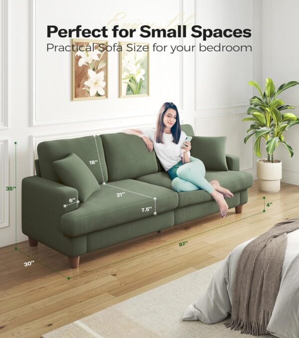 Kidirect 87in Green Sofa, Couches for Living Room 21in Extra Deep Seats, Comfy Corduroy Sofas for Living Room No Tool Assembly, Modern Oversized Love Seat with 2 Pillows, Sofa Couch for Bedroom