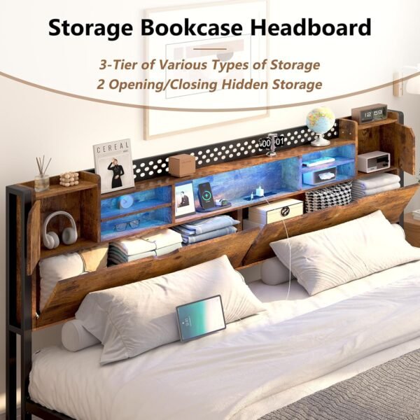 King Size Bed Frame and Storage Headboard, LED Bed Frame with USB Charging Station, Metal Platform Bed Frame King with Hidden Storage Space, No Box Spring Needed, Vintage Brown