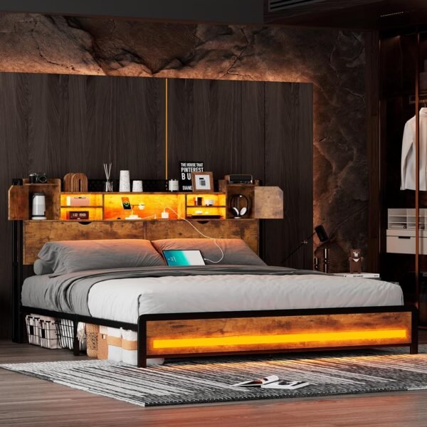 King Size Bed Frame and Storage Headboard, LED Bed Frame with USB Charging Station, Metal Platform Bed Frame King with Hidden Storage Space, No Box Spring Needed, Vintage Brown