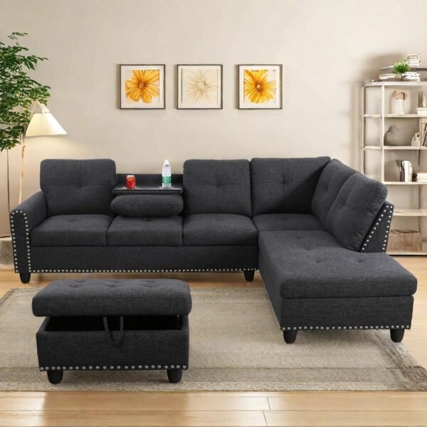 L Shaped Sectional Couches, Modular Sectional Sofa with Ottoman Storage, Nail-Head Design Lounge Sofa with Reversible Cup Holder for Living Room, Bedroom, Gray
