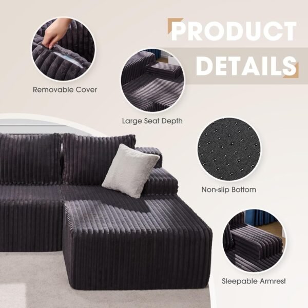 Modular Sectional Sofa Couches L-Shape Couch 3 Seat Modular Sofa Memory Foam Sectional Couches for Living Room, Cloud Couch with Oversized Chaise (Grey, Stripe (Right Facing Chaise))